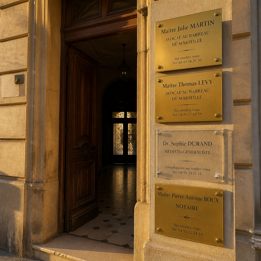 Plaques professionnelles libérales à Marseille : sobriété et identité visuelle.