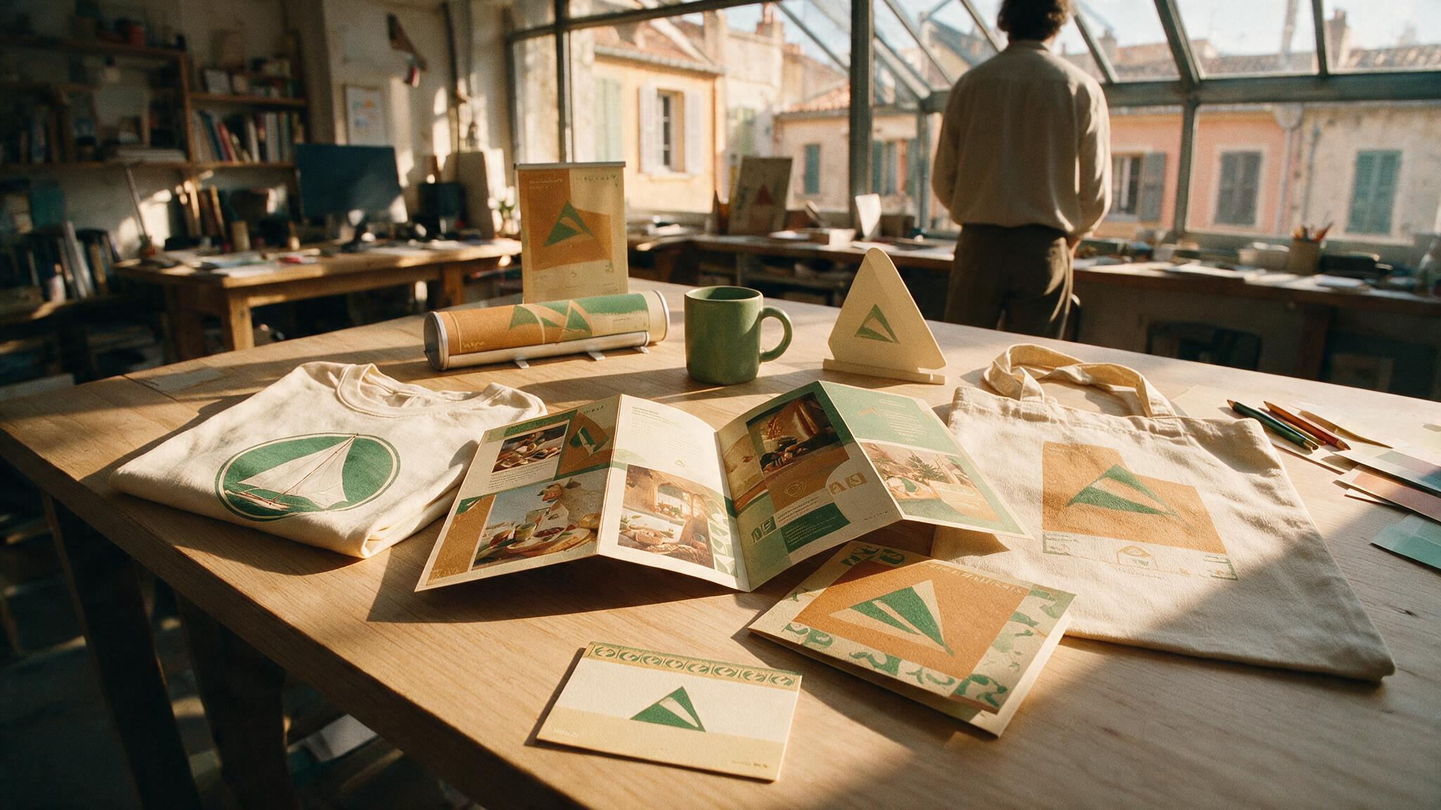 Charte graphique déclinée sur cartes, textiles et enseignes par l'agence Com-Idea.