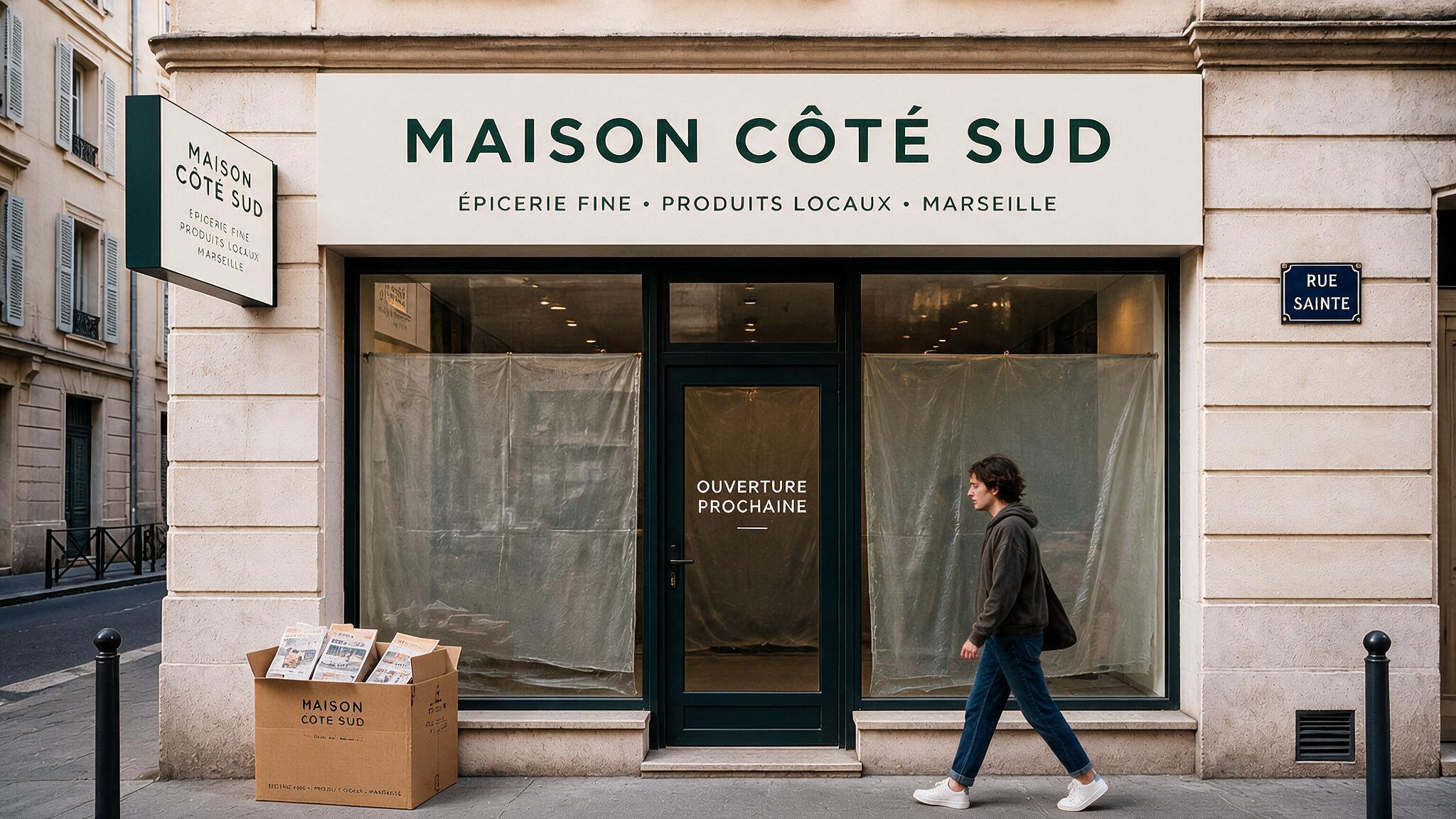 Devanture d'un nouveau commerce marseillais habillée à quelques jours de l'ouverture.